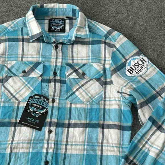 Busch Light Shirt Mens Medium Blue Plaid Flannel Angry Minnow Vintage Beer Logo - Picture 2 of 12